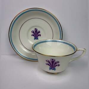 Royal Worcester “Florizel” Bone China Teacup & Saucer Set Purple Plume Gold Trim